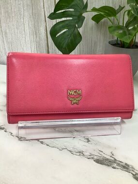 GUC. MCM Pink Leather Long Flap Wallet with Gold Logo